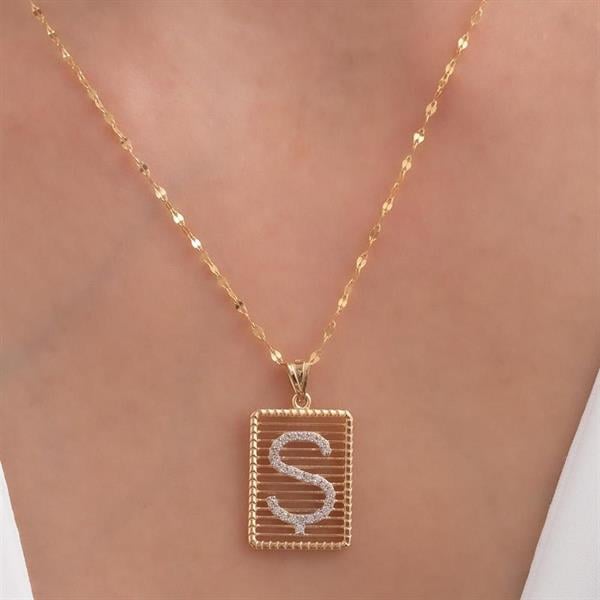 14K Solid Gold Letter S Necklace with Stones