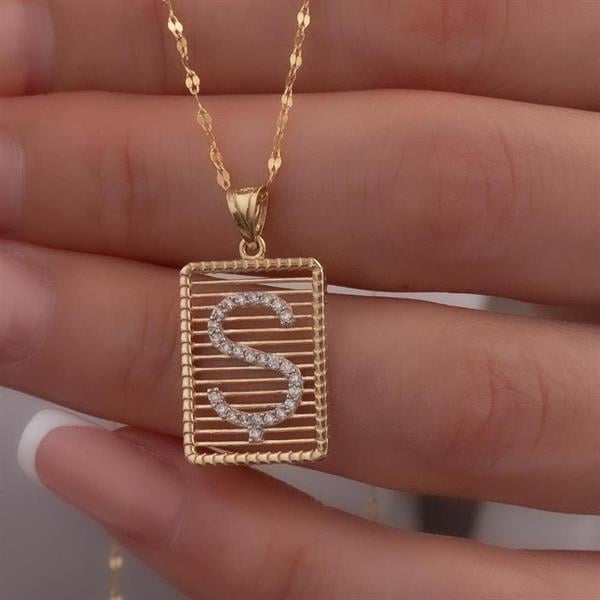 14K Solid Gold Letter S Necklace with Stones