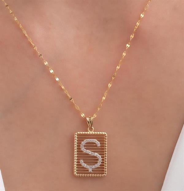 14K Solid Gold Letter S Necklace with Stones
