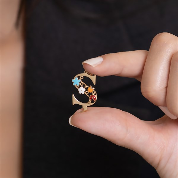 14 Ayar Altın Ş Harf Yarım Çiçekli Kolye Ucu