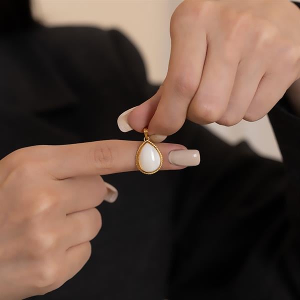 14K Solid Gold Mother of Pearl Stone Drop Necklace