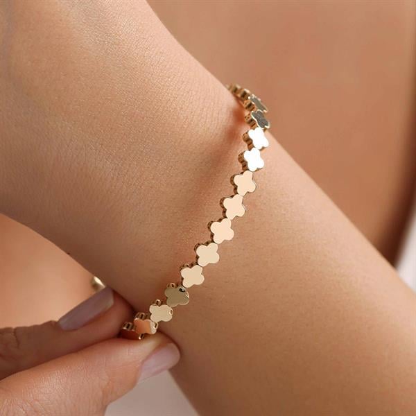 14 Ayar Altın Sıralı Yonca Kelepçe Bilezik