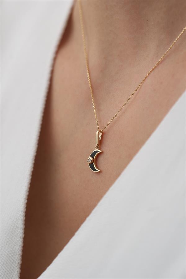 14 Ayar Altın Siyah Mineli Minimal Ay Kolye