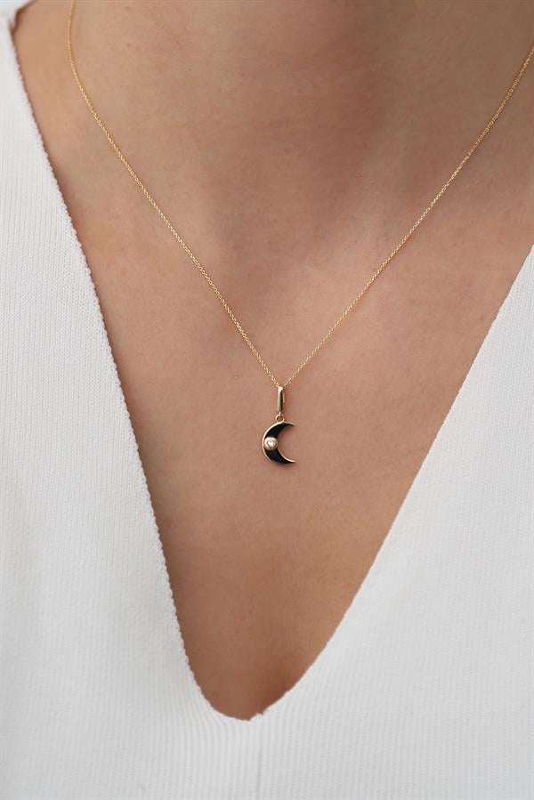 14 Ayar Altın Siyah Mineli Minimal Ay Kolye