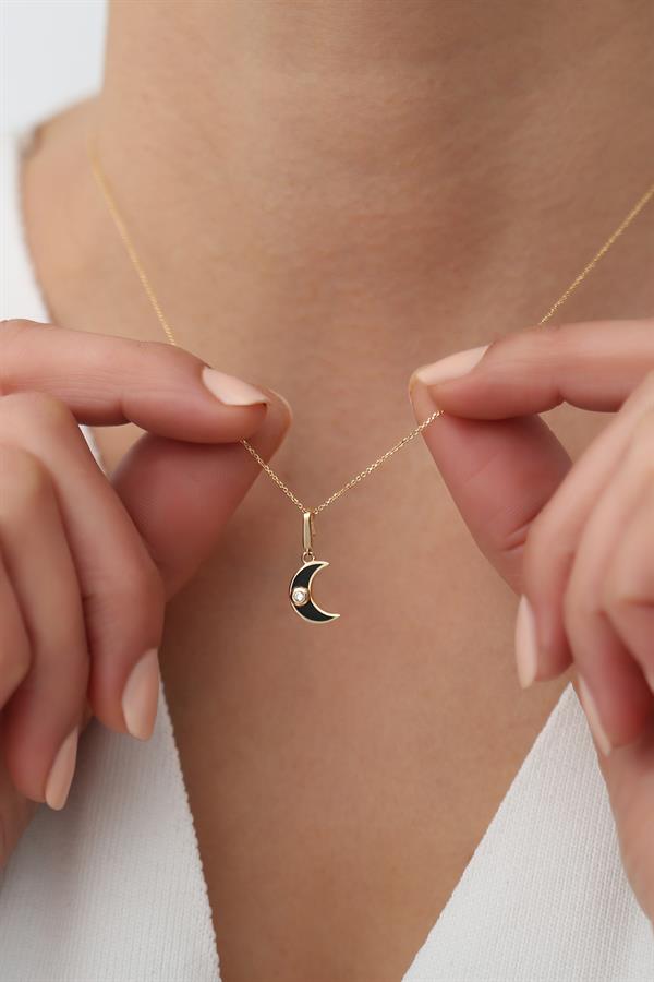 14 Ayar Altın Siyah Mineli Minimal Ay Kolye