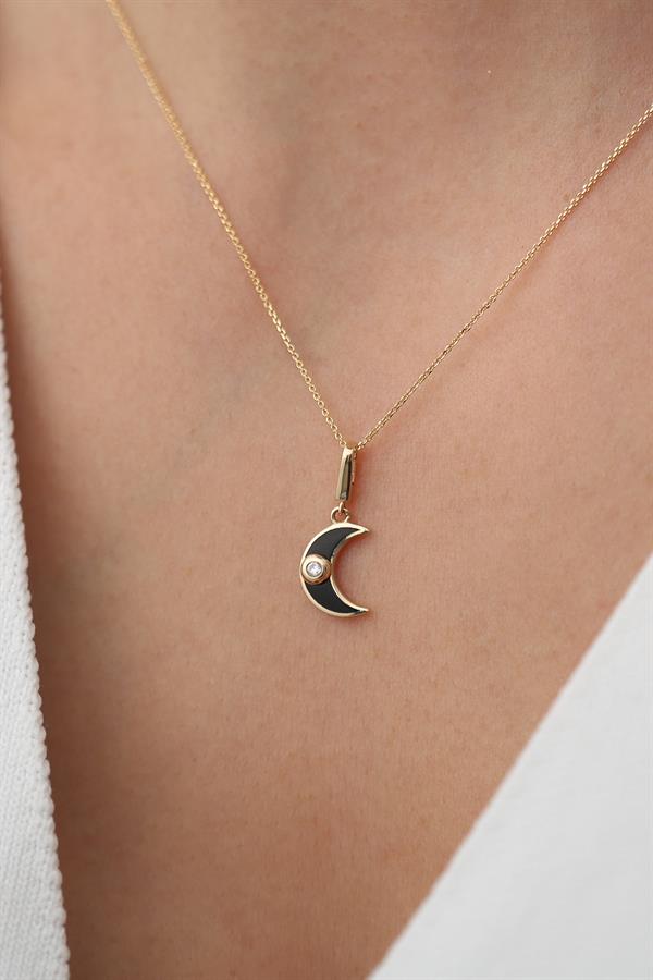 14 Ayar Altın Siyah Mineli Minimal Ay Kolye