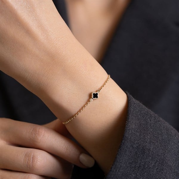 14 Ayar Altın Siyah Yonca Bileklik 6 mm