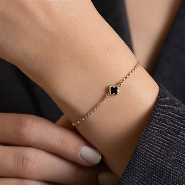 14 Ayar Altın Siyah Yonca Bileklik 6 mm