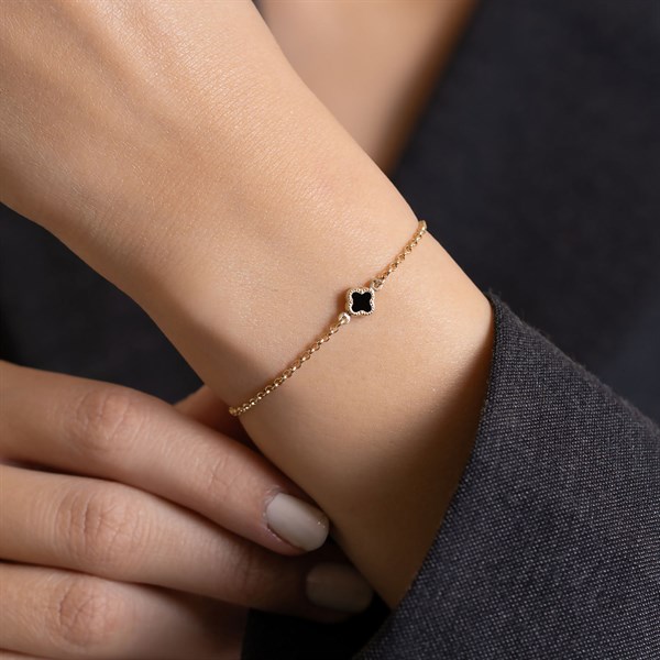 14 Ayar Altın Siyah Yonca Bileklik 6 mm