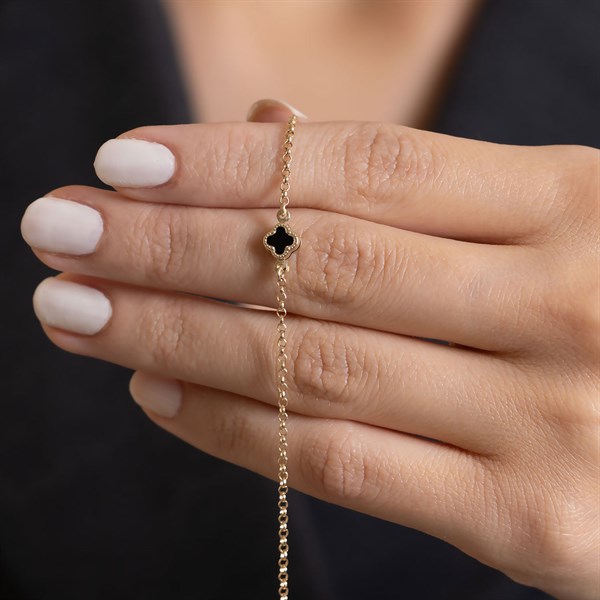 14 Ayar Altın Siyah Yonca Bileklik 6 mm