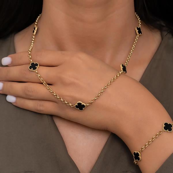 14 Ayar Altın Siyah Yonca Kolye Bileklik Set