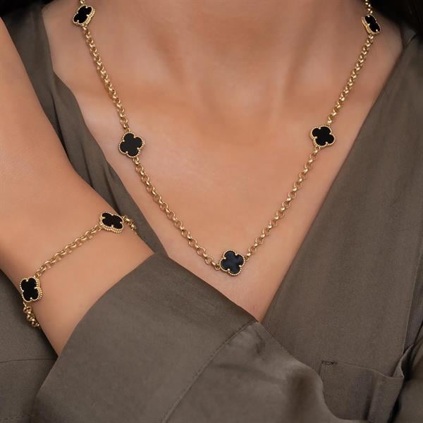 14 Ayar Altın Siyah Yonca Kolye Bileklik Set