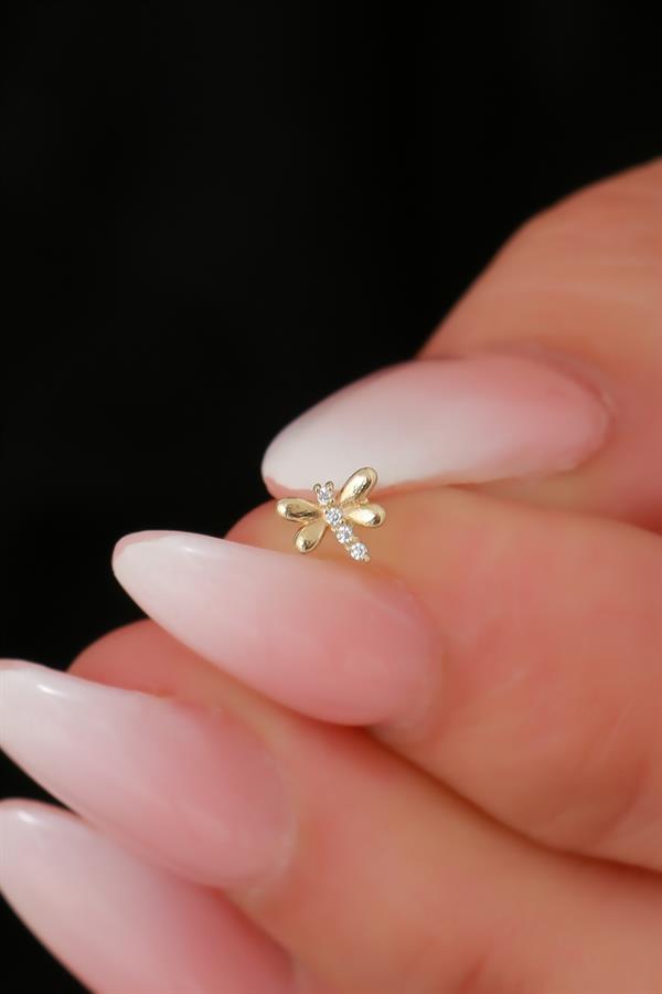 14 Ayar Altın Taşlı Kelebek Tragus Piercing