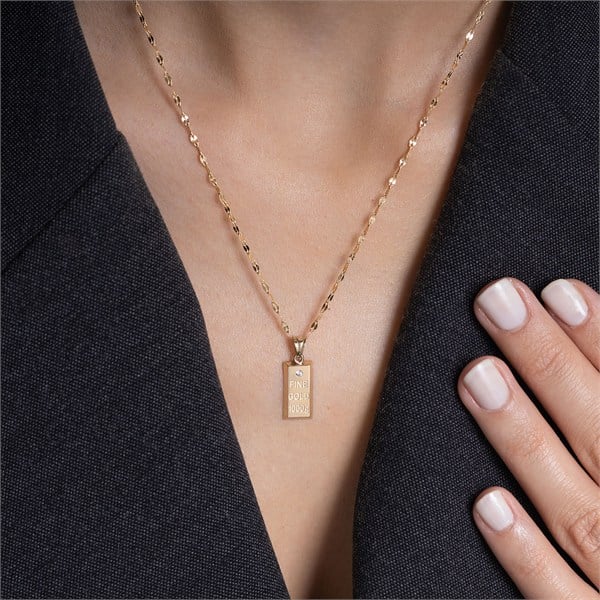 14 Ayar Altın Taşlı Külçe Kolye 2,2 cm