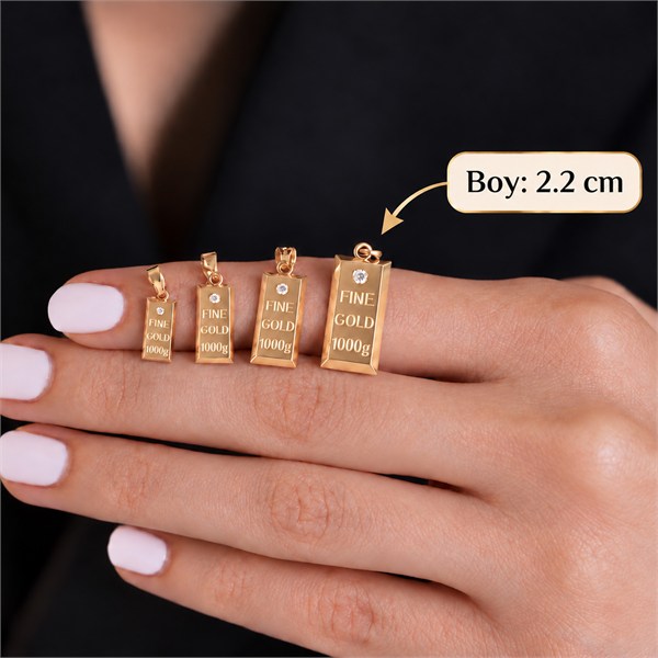 14 Ayar Altın Taşlı Külçe Kolye 2,2 cm