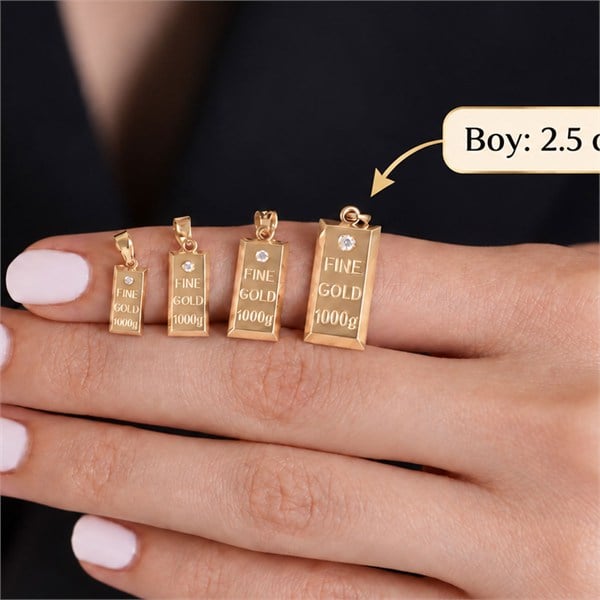 14 Ayar Altın Taşlı Külçe Kolye 2,5 cm