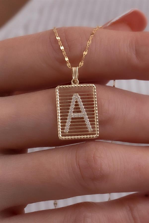 14K Solid Gold Letter A Wire Stone Necklace