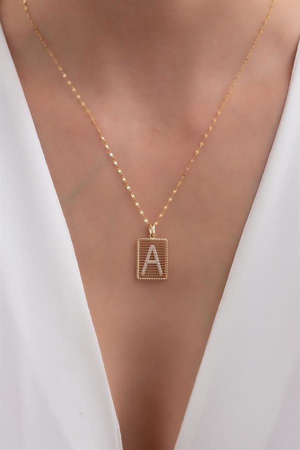 14K Solid Gold Letter A Wire Stone Necklace