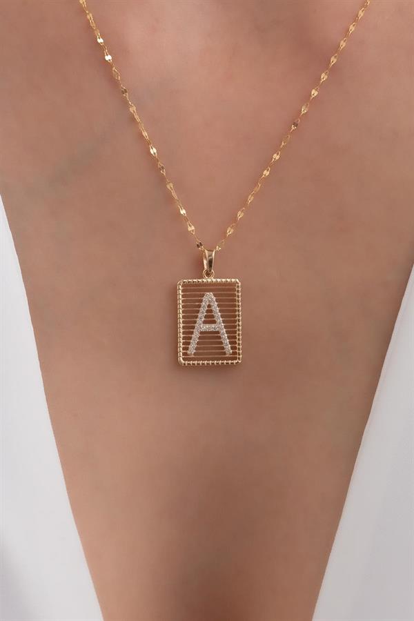 14K Solid Gold Letter A Wire Stone Necklace