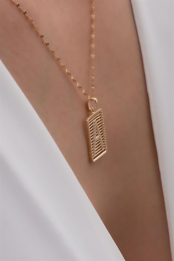 14K Solid Gold Letter A Wire Stone Necklace