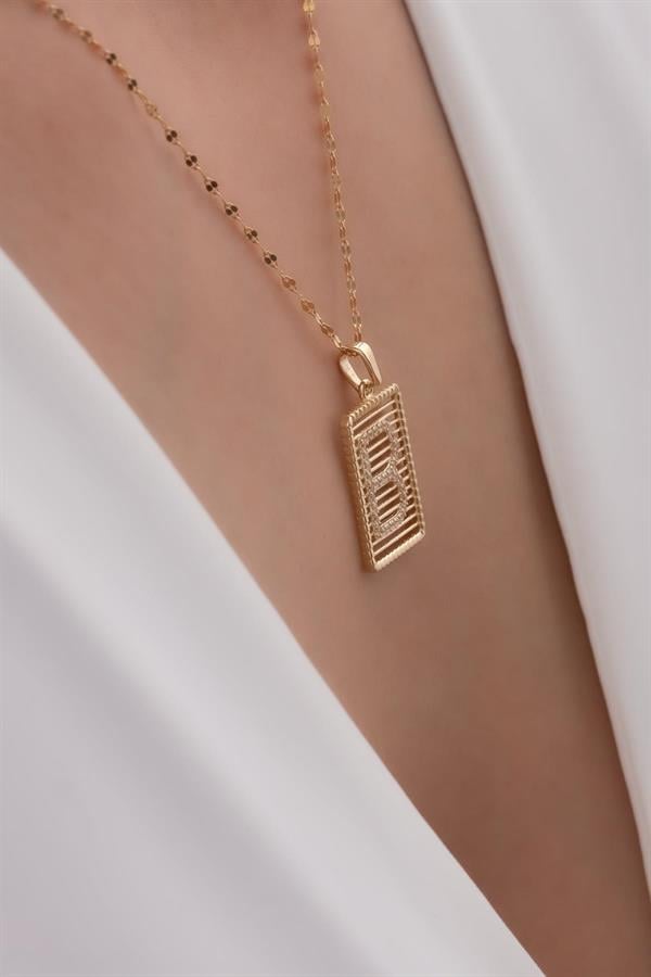 14K Solid Gold Letter B Wire Stone Necklace