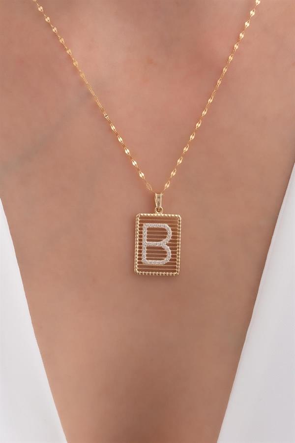 14K Solid Gold Letter B Wire Stone Necklace