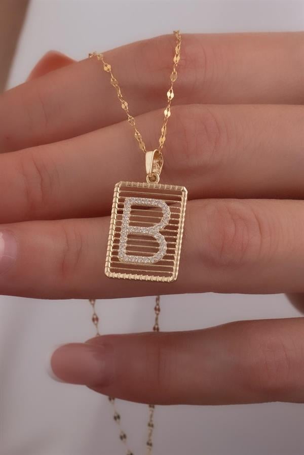 14K Solid Gold Letter B Wire Stone Necklace