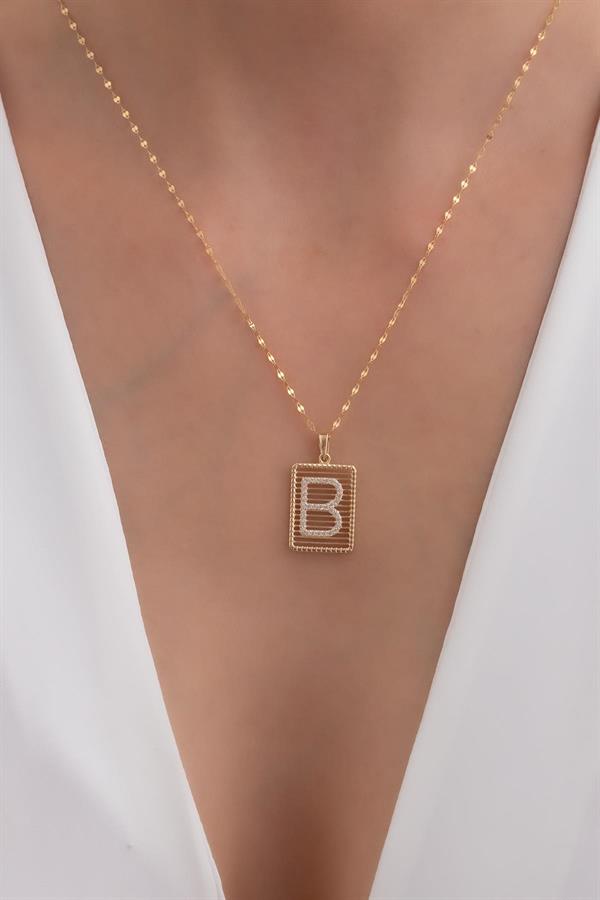 14K Solid Gold Letter B Wire Stone Necklace