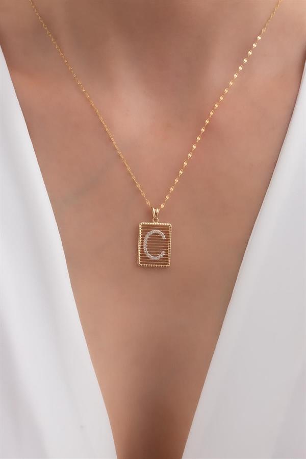 14K Solid Gold C Letter Necklace with Stones