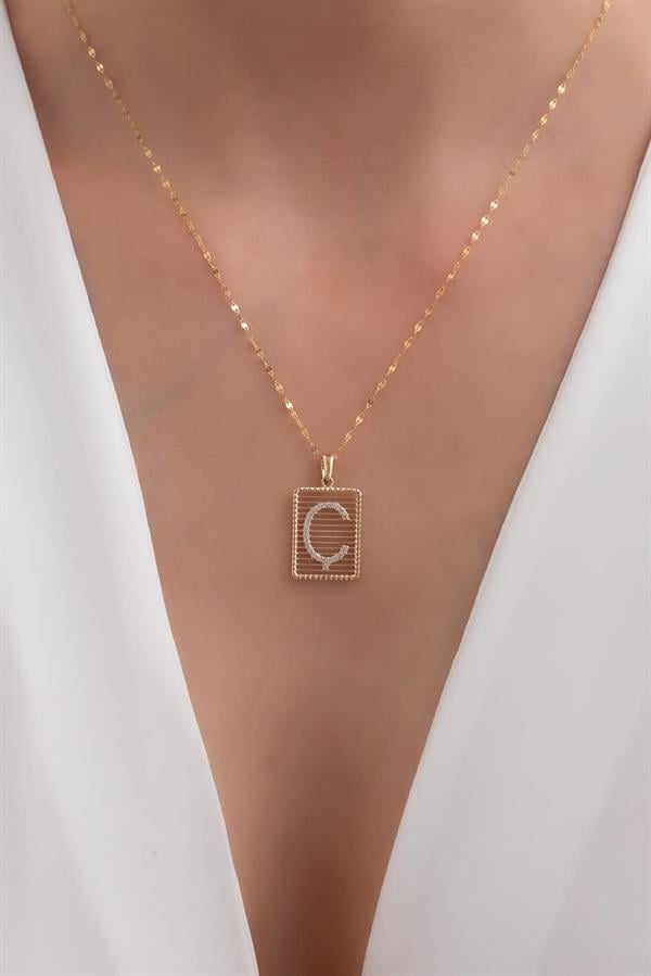 14K Solid Gold Letter C Wire Stone Necklace