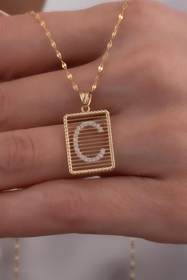 14K Solid Gold C Letter Necklace with Stones