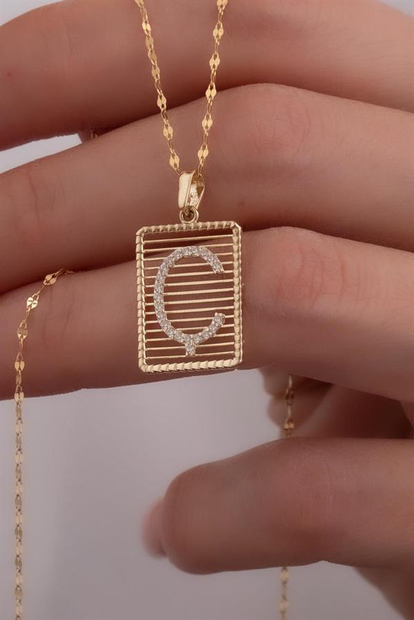 14K Solid Gold Letter C Wire Stone Necklace