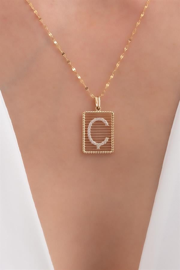 14K Solid Gold Letter C Wire Stone Necklace