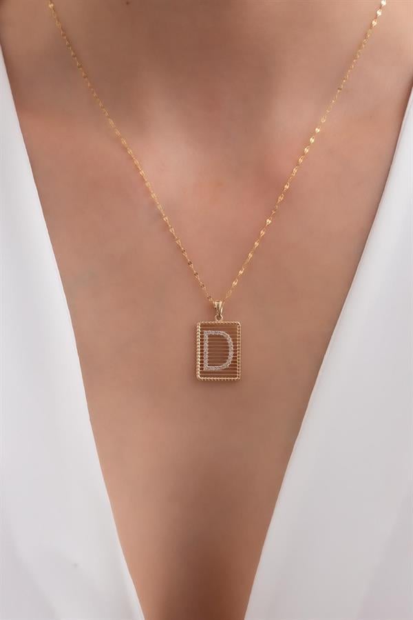 14K Solid Gold D Letter Necklace with Stones