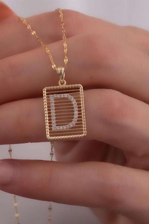 14K Solid Gold D Letter Necklace with Stones
