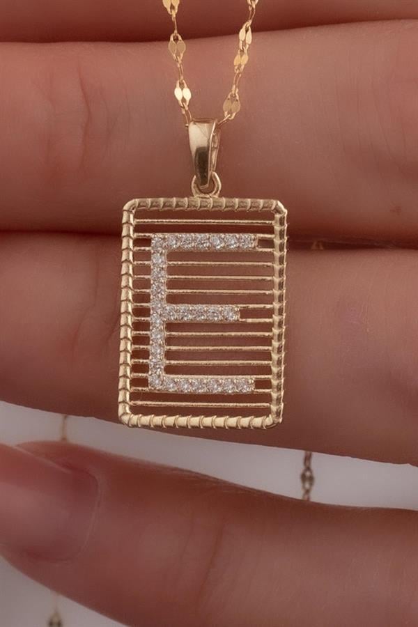 14K Solid Gold Letter E Wire Stone Necklace