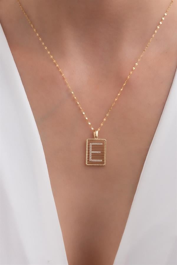 14K Solid Gold Letter E Wire Stone Necklace