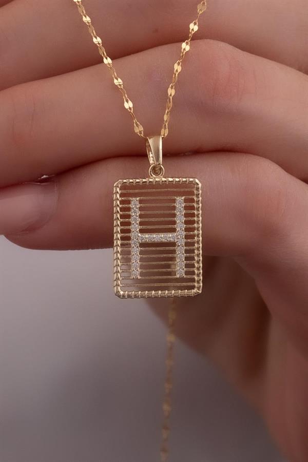 14K Solid Gold H Letter Wire Stone Necklace