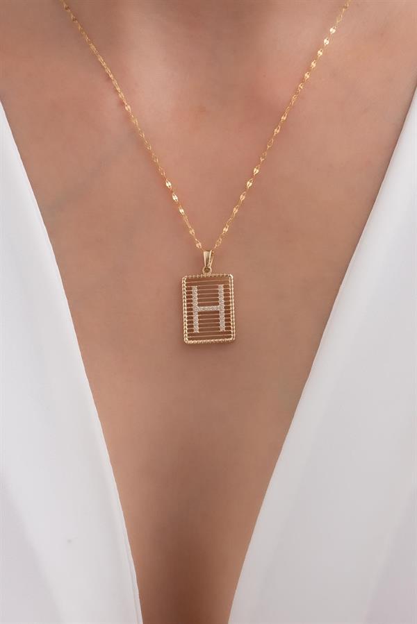 14K Solid Gold H Letter Wire Stone Necklace