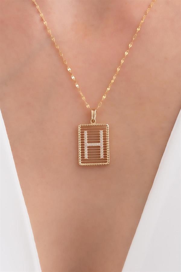 14K Solid Gold H Letter Wire Stone Necklace