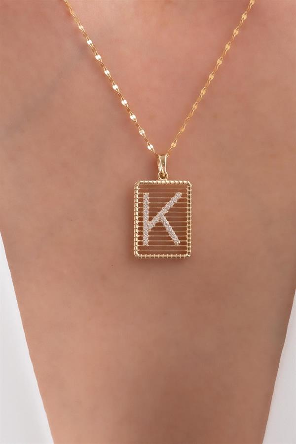 14K Solid Gold K Letter Necklace with Stones