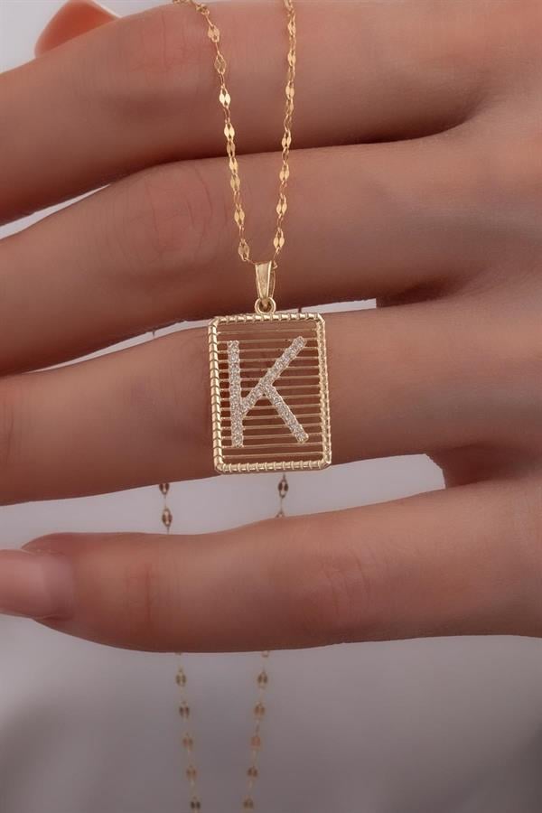 14K Solid Gold K Letter Necklace with Stones