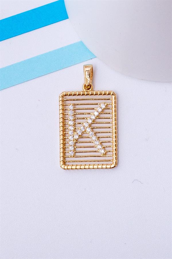 14 Ayar Altın K Harf Telli Taşlı Kolye Ucu