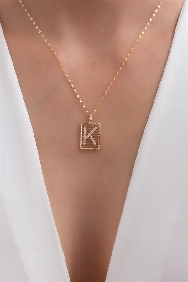 14K Solid Gold K Letter Necklace with Stones