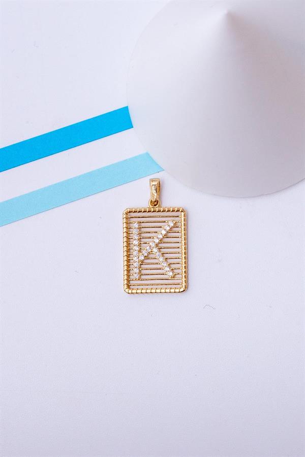 14 Ayar Altın K Harf Telli Taşlı Kolye Ucu