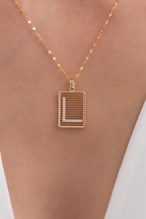 14K Solid Gold L Letter Necklace with Stones