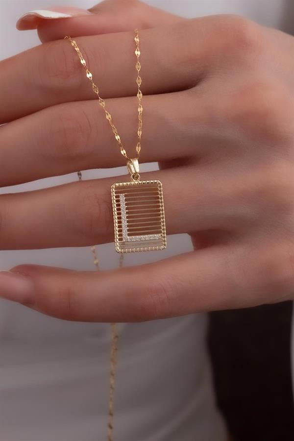 14K Solid Gold L Letter Necklace with Stones