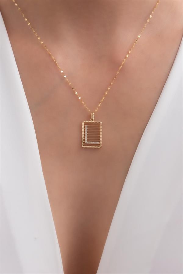 14K Solid Gold L Letter Necklace with Stones