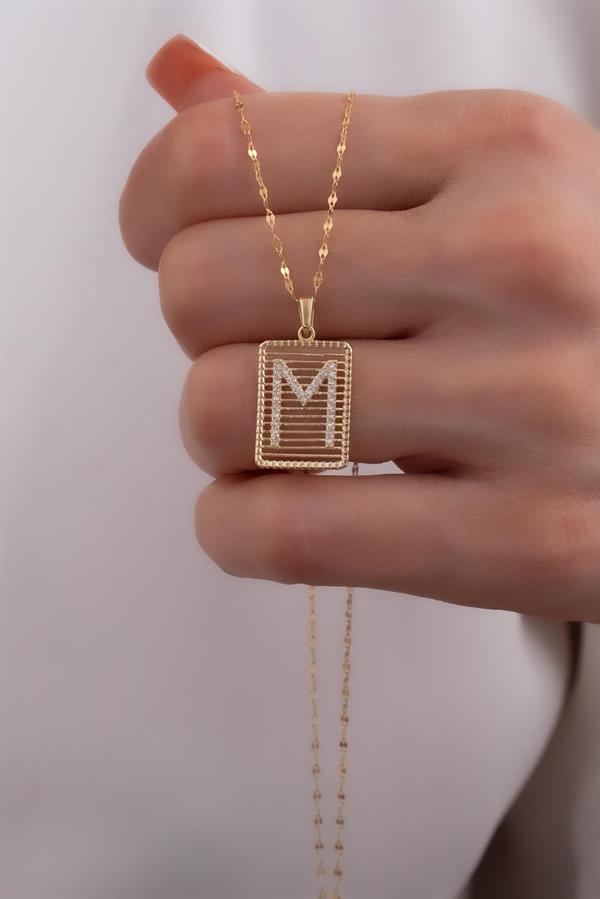 14K Solid Gold M Letter Necklace with Stones