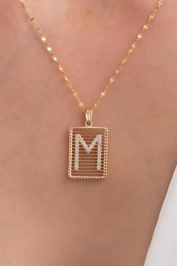 14K Solid Gold M Letter Necklace with Stones